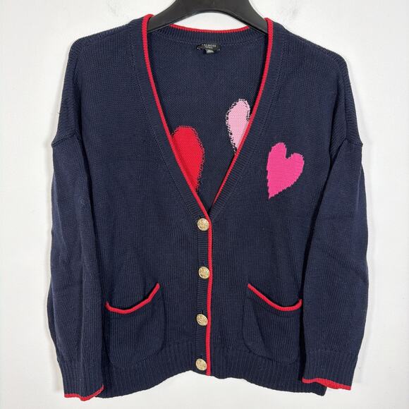 Talbots Plus Petite XL Tipped Heart V-Neck Navy Cardigan Pink Heart Valentines - Picture 3 of 11